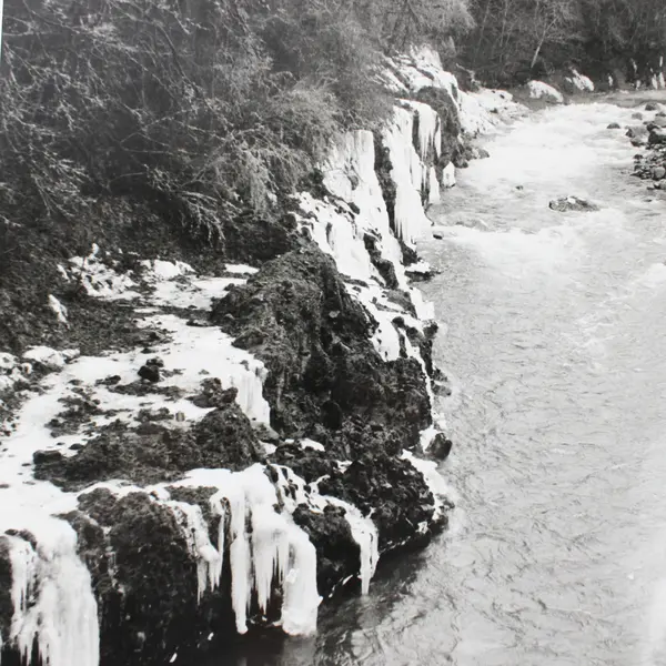 Vintage Black And White Photo River Rapids Icy Waterfalls Pacific Northwest