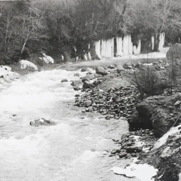 Vintage Black And White Photo River Rapids Icy Waterfalls Pacific Northwest