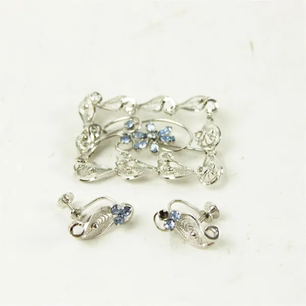 Am-Lee Sterling Silver Filigree Brooch & Screw-Back Earrings Blue Rhinestones