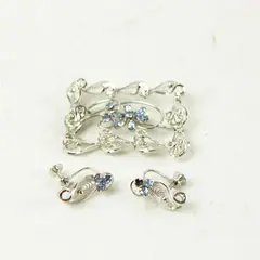 Am-Lee Sterling Silver Filigree Brooch & Screw-Back Earrings Blue Rhinestones