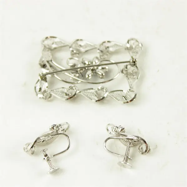 Am-Lee Sterling Silver Filigree Brooch & Screw-Back Earrings Blue Rhinestones