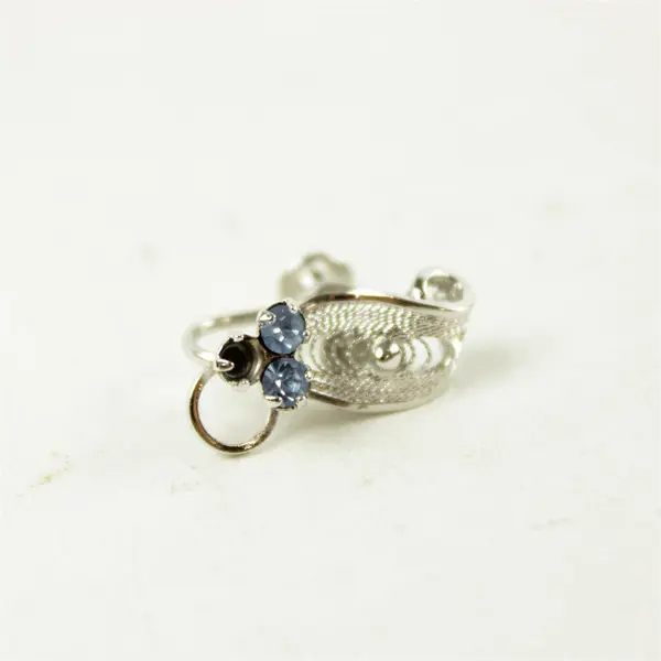 Am-Lee Sterling Silver Filigree Brooch & Screw-Back Earrings Blue Rhinestones