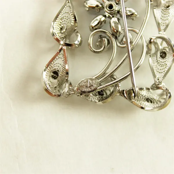 Am-Lee Sterling Silver Filigree Brooch & Screw-Back Earrings Blue Rhinestones