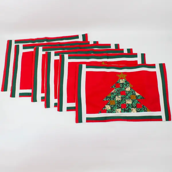 Lot Of 6 American Pacific Red/Green Christmas Tree Fabric Placemats 12.5" x 19"