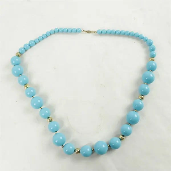 11" Graduated Faux Turquoise Beaded Necklace Gold-Tone Accents Collar