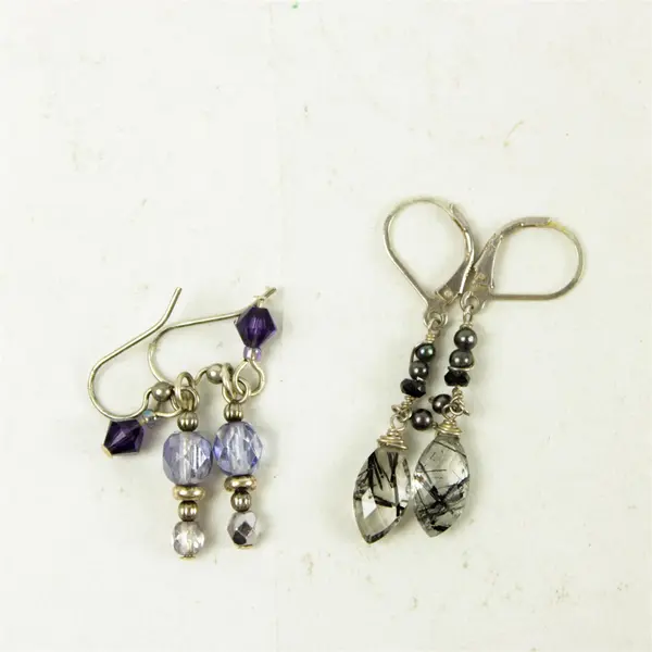 Lot of 2 Pair Dangle Earrings Silver-Tone Purple & Crystal Beads Fishhook