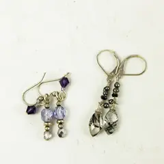 Lot of 2 Pair Dangle Earrings Silver-Tone Purple & Crystal Beads Fishhook