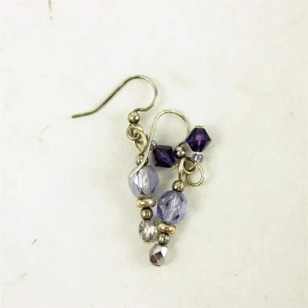Lot of 2 Pair Dangle Earrings Silver-Tone Purple & Crystal Beads Fishhook