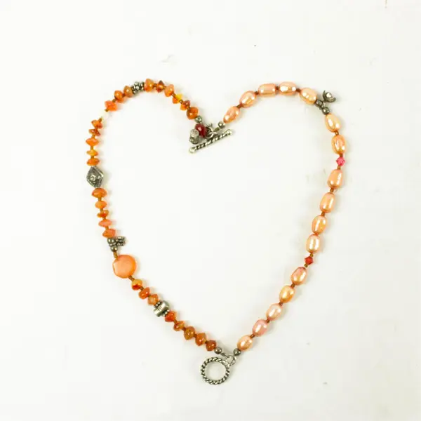 Handmade Orange Beaded Bracelet 7" Clasp Silver-Tone Accents
