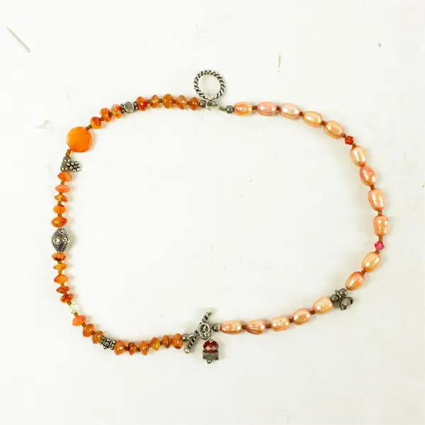 Handmade Orange Beaded Bracelet 7" Clasp Silver-Tone Accents
