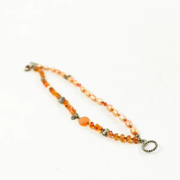 Handmade Orange Beaded Bracelet 7" Clasp Silver-Tone Accents