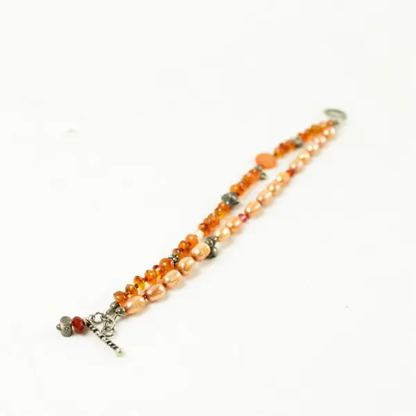Handmade Orange Beaded Bracelet 7" Clasp Silver-Tone Accents