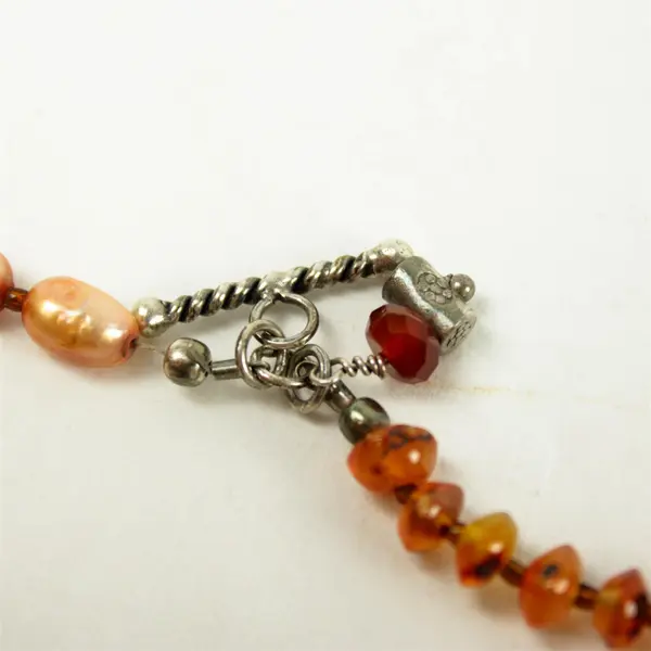 Handmade Orange Beaded Bracelet 7" Clasp Silver-Tone Accents