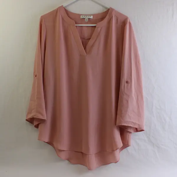 Chaus Women's L Blush Pink V-Neck Roll Tab Sleeve Chiffon Blouse