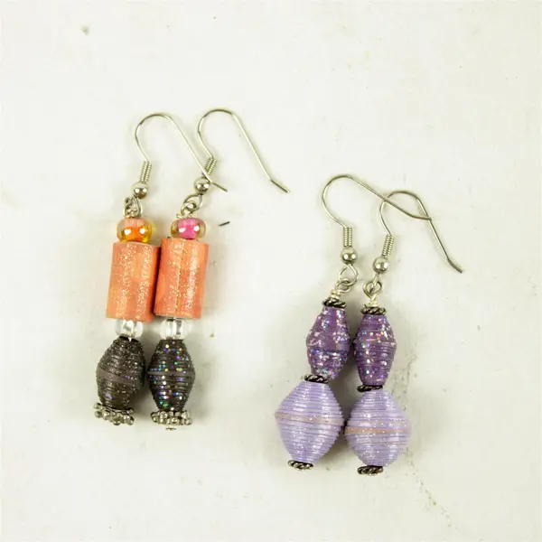 Lot of 2 Pairs Dangle Earrings Silver-Tone Orange/Black & Purple