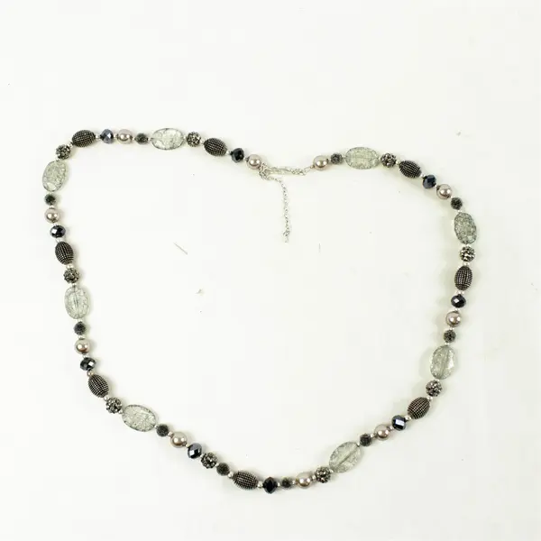 17" Black & Silver-Toned Beaded Necklace Clear Crystal Metallic Beads