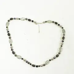 17" Black & Silver-Toned Beaded Necklace Clear Crystal Metallic Beads