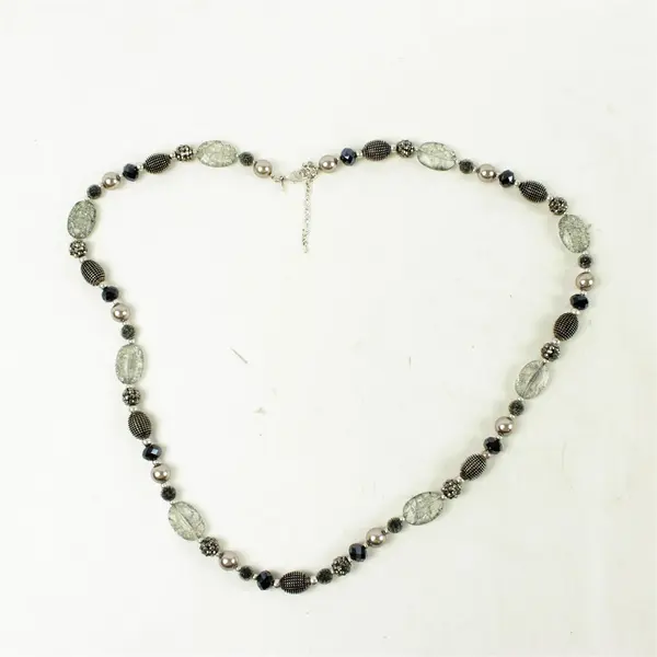17" Black & Silver-Toned Beaded Necklace Clear Crystal Metallic Beads
