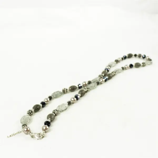 17" Black & Silver-Toned Beaded Necklace Clear Crystal Metallic Beads