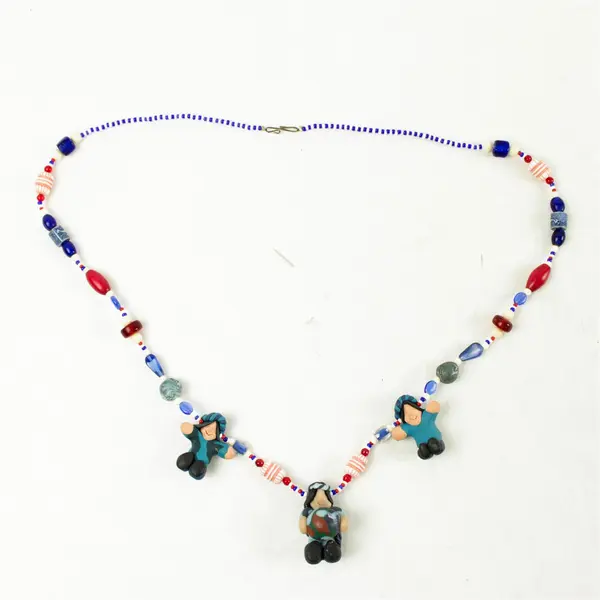 Handmade 14" Necklace Blue Red White Beads w/ Figure Accents
