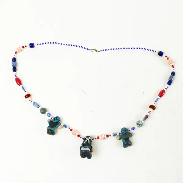 Handmade 14" Necklace Blue Red White Beads w/ Figure Accents