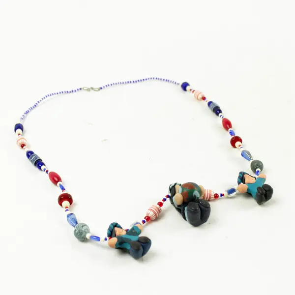 Handmade 14" Necklace Blue Red White Beads w/ Figure Accents