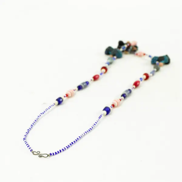 Handmade 14" Necklace Blue Red White Beads w/ Figure Accents