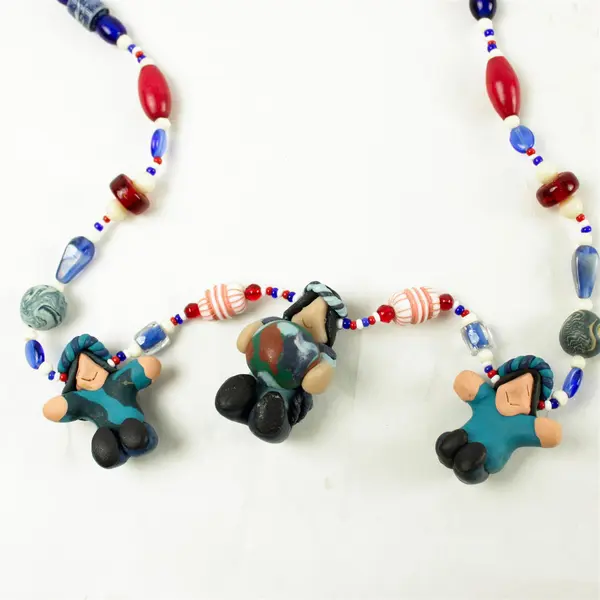 Handmade 14" Necklace Blue Red White Beads w/ Figure Accents
