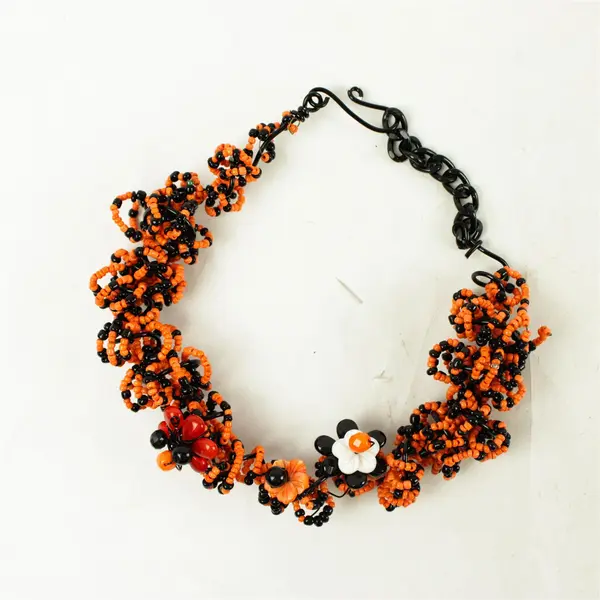 Handmade Black Orange Beaded Choker Necklace Flower Accents