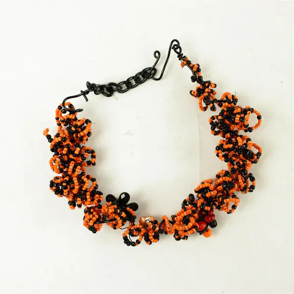 Handmade Black Orange Beaded Choker Necklace Flower Accents