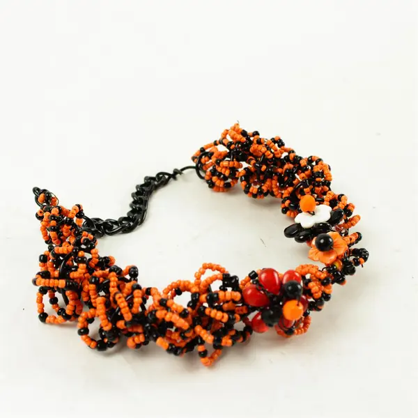 Handmade Black Orange Beaded Choker Necklace Flower Accents