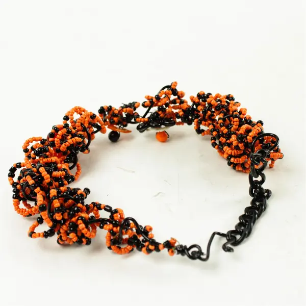 Handmade Black Orange Beaded Choker Necklace Flower Accents