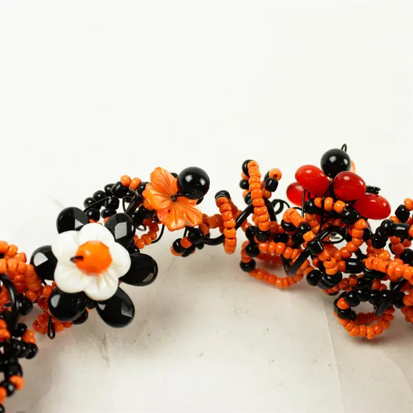 Handmade Black Orange Beaded Choker Necklace Flower Accents