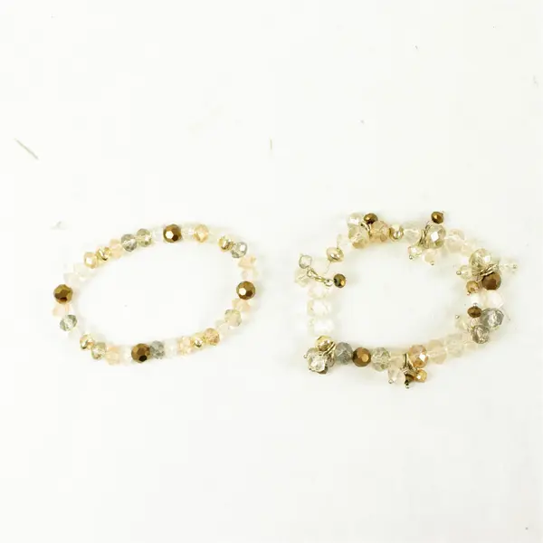 Lot of 2 Stretch Bracelets Bronze-Tone with Clear Crystal Beads