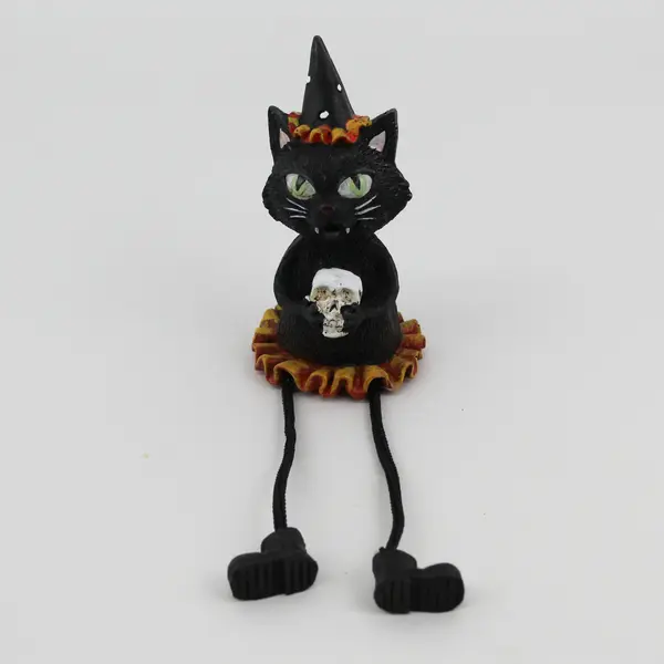 Halloween Black Cat Holding a Skull Dangling Legs Shelf Sitter Figurine