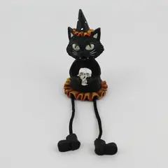 Halloween Black Cat Holding a Skull Dangling Legs Shelf Sitter Figurine