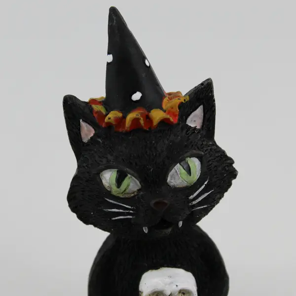 Halloween Black Cat Holding a Skull Dangling Legs Shelf Sitter Figurine