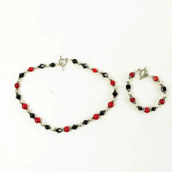 Set of 8" Necklace & Bracelet Red Black Silver-Tone Beads 