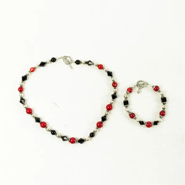 Set of 8" Necklace & Bracelet Red Black Silver-Tone Beads 