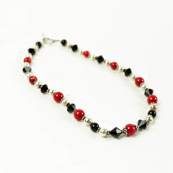 Set of 8" Necklace & Bracelet Red Black Silver-Tone Beads 