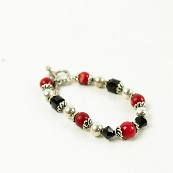 Set of 8" Necklace & Bracelet Red Black Silver-Tone Beads 