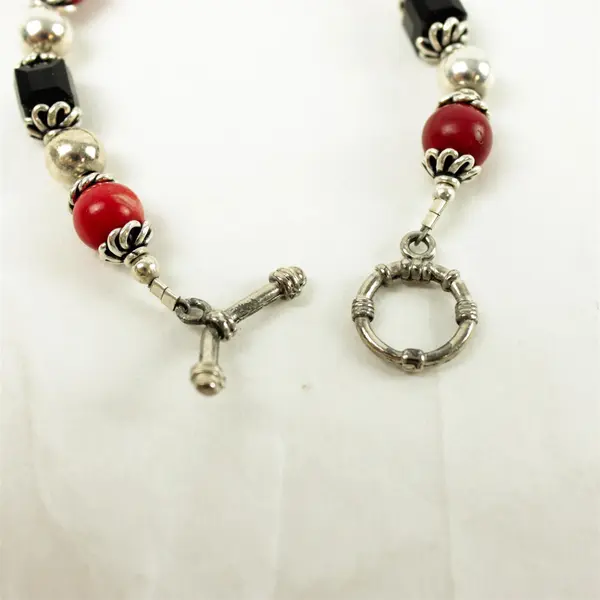 Set of 8" Necklace & Bracelet Red Black Silver-Tone Beads 