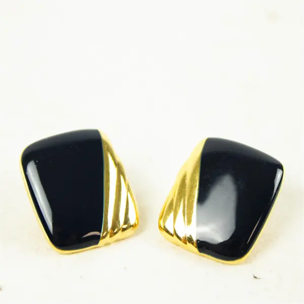 Monet Vintage Black Enamel Gold-Tone Accent Earrings 1"
