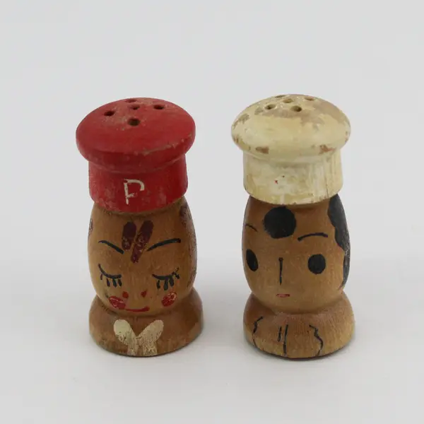 Vintage MCM Wooden Boy & Girl Chef Salt Pepper Shakers Hand-Painted 2"