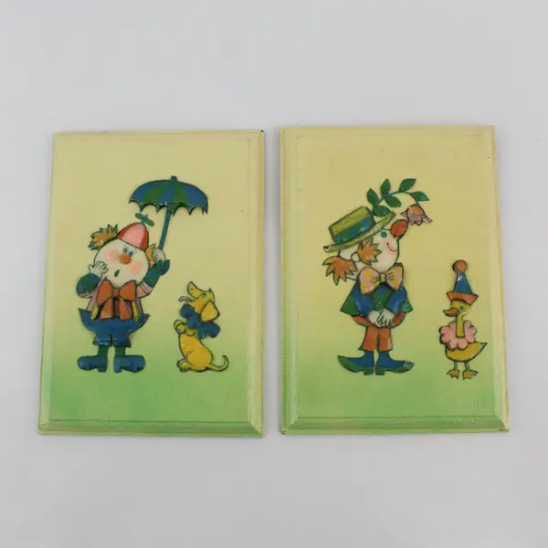 Set Of 2 Handmade Decoupaged Clown And Animal Wall Plaques 7" x 5"