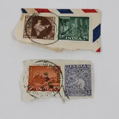 Lot Of 4 Indian Stamps Used On Paper Agriculture Telephones Ajanta Cave Elephant