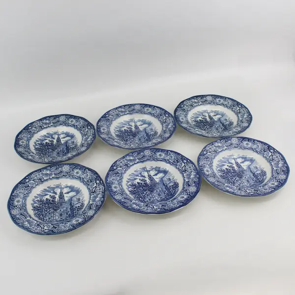 Set of 6 Staffordshire Liberty Blue Old North Church Wide Rim Soup Bowls