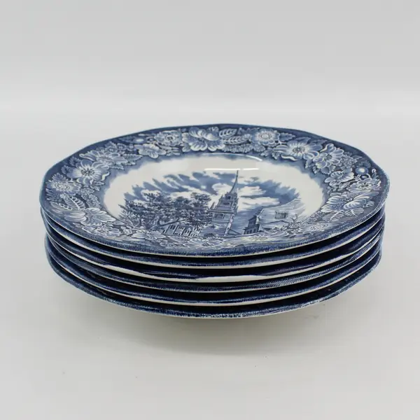 Set of 6 Staffordshire Liberty Blue Old North Church Wide Rim Soup Bowls