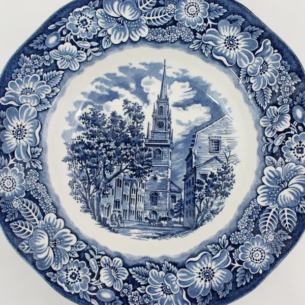 Set of 6 Staffordshire Liberty Blue Old North Church Wide Rim Soup Bowls