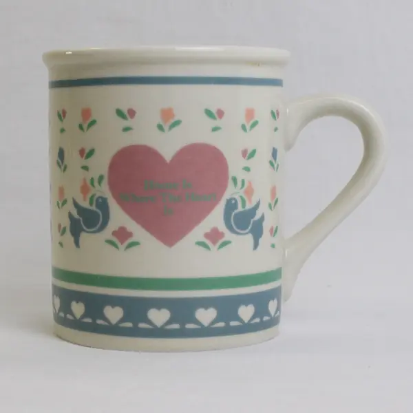  Enesco "Home Is Where The Heart Is" Pastel Ceramic Mug 3.75" Tall 1986